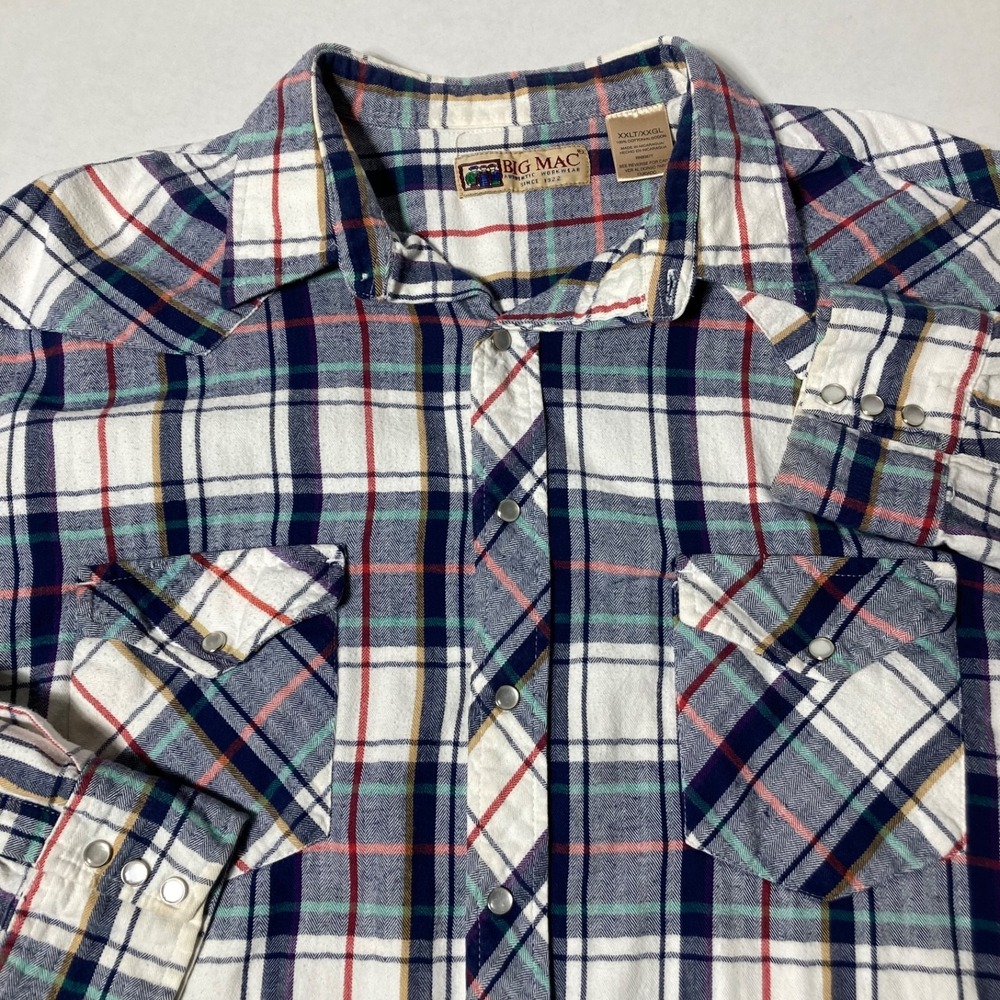 Vintage Big Mac‎ Pearl Snap Mens Flannel Shirt Sz 2XLT Tall Plaid Red White Blue